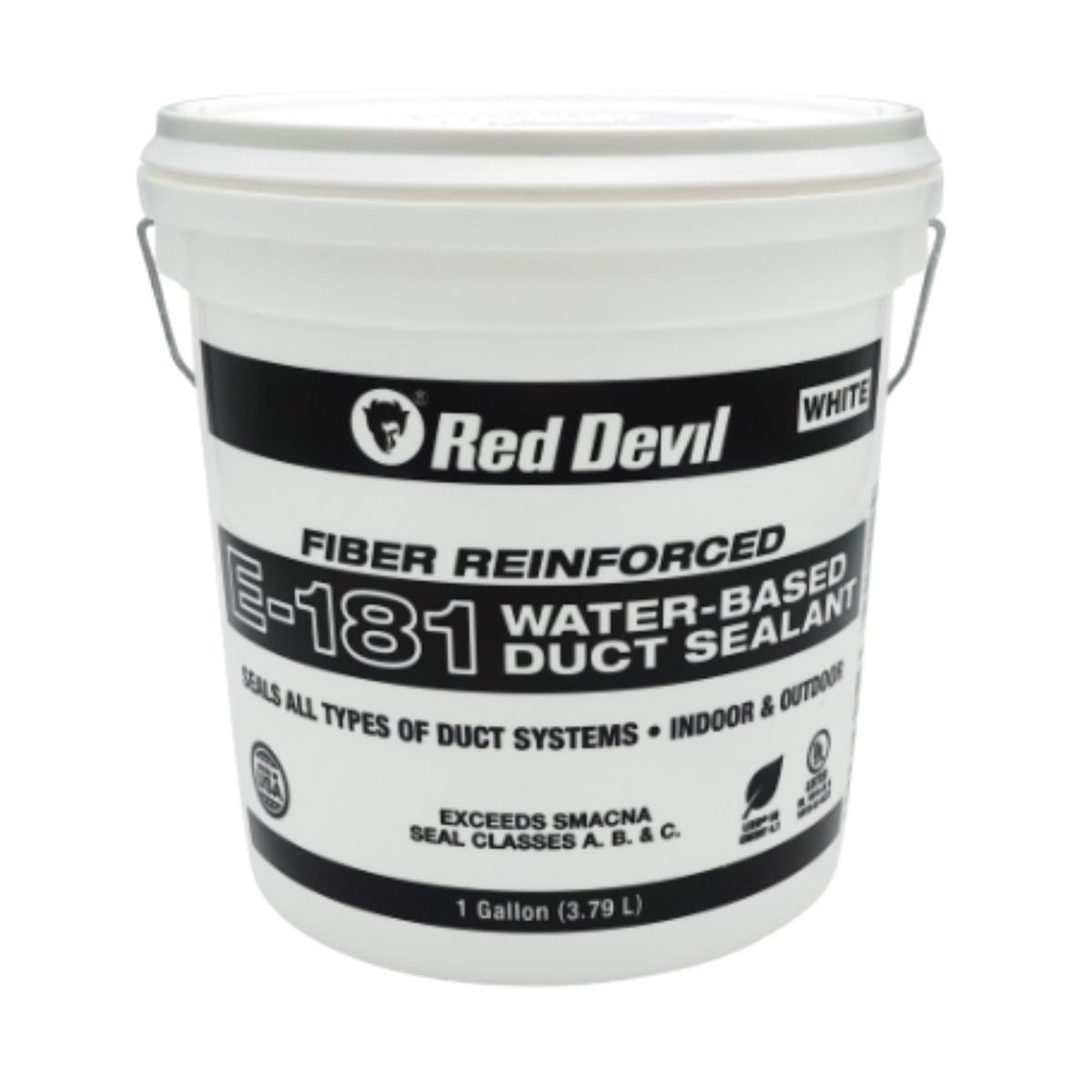 White 1-gallon tub of Red Devil E-181 fiber-reinforced, water-based duct sealant for interior and exterior HVAC ductwork.