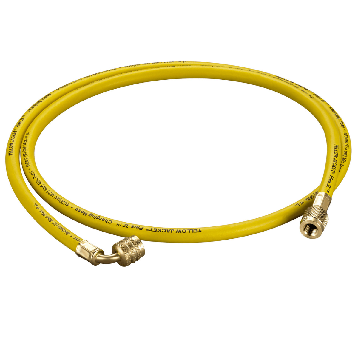 PLUS II 1/4" HOSE FOR LEFT-HANDED A2L REFRIGERANT TANKS - 60" LENGTH 1/4" LH TO 1/4" RH RIGHT ANGLE FITTING - A2L COMAPTIBLE - A&R Supply - Air Conditioning & Refrigeration Wholesaler - YELLOW JACKET