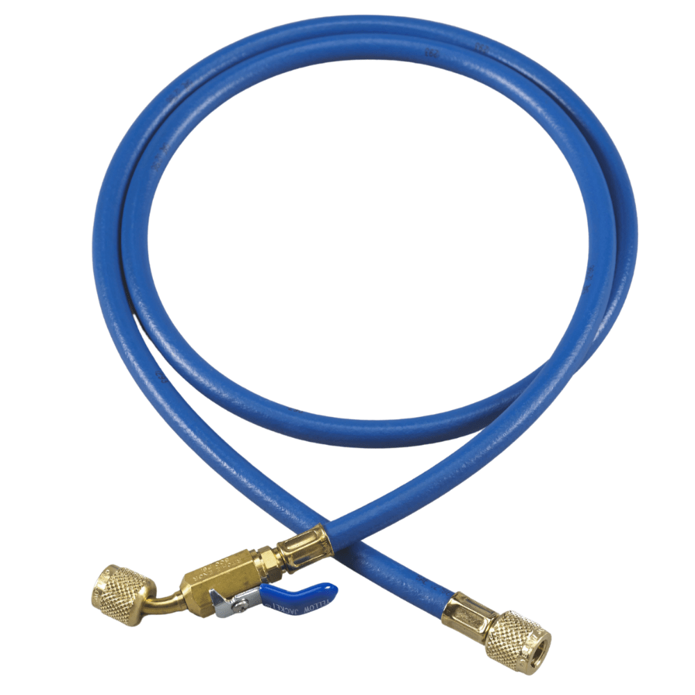 72" CHARGING HOSE WITH COMPACT BALL VALVE END - LOW LOSS: 1/4 IN FEMALE CONNECTION SIZE, 0° ANGLE - BLUE - A&R Supply - Air Conditioning & Refrigeration Wholesaler - YELLOW JACKET