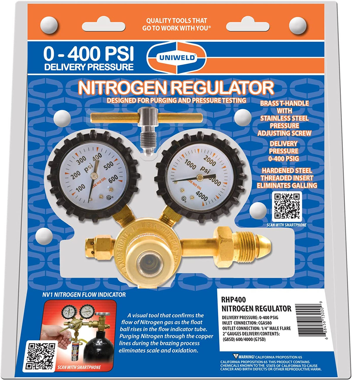 NITROGEN REGULATOR WITH 0-400 PSI DELIVERY PRESSURE, CGA580 INLET CONNECTION AND 1/4-INCH MALE FLARE OUTLET CONNECTION - A&R Supply - Air Conditioning & Refrigeration Wholesaler - UNIWELD