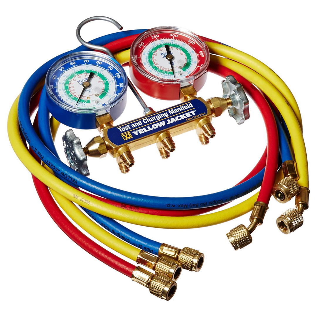 SERIES 41 TEST & CHARGING MANIFOLD, 2-VALVE, WITH 60" PLUS II, STANDARD FITTINGS, (PSI °F) R22/134A/404A, 3-1/8" GAUGES - A&R Supply - Air Conditioning & Refrigeration Wholesaler - YELLOW JACKET