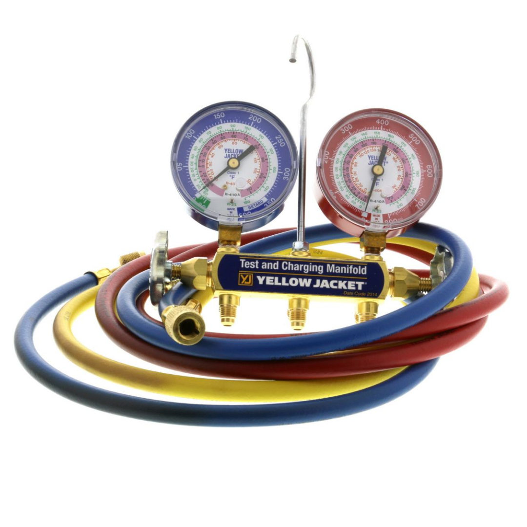 SERIES 41 TEST & CHARGING MANIFOLD, 2-VALVE, WITH 60" PLUS II, STANDARD FITTINGS, (PSI °F) R22/404A/410A, 3-1/8" GAUGES - A&R Supply - Air Conditioning & Refrigeration Wholesaler - YELLOW JACKET