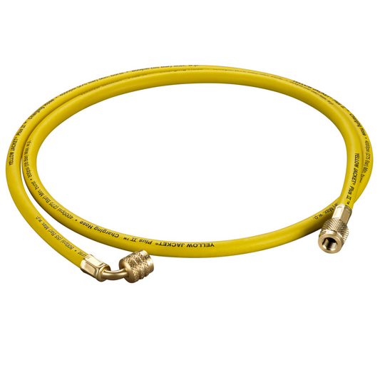 PLUS II 1/4" HOSE FOR LEFT-HANDED A2L REFRIGERANT TANKS - 60" LENGTH 1/4" LH TO 1/4" RH RIGHT ANGLE FITTING - A2L COMAPTIBLE