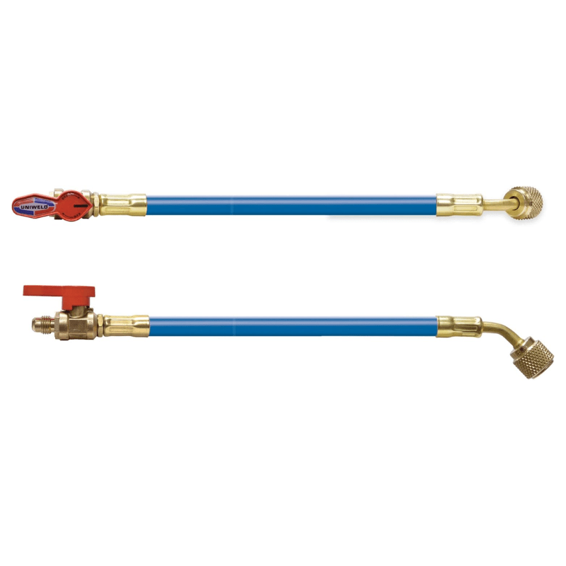 1/4" BALL VALVE - 6" HOSE BLUE - A&R Supply - Air Conditioning & Refrigeration Wholesaler - UNIWELD