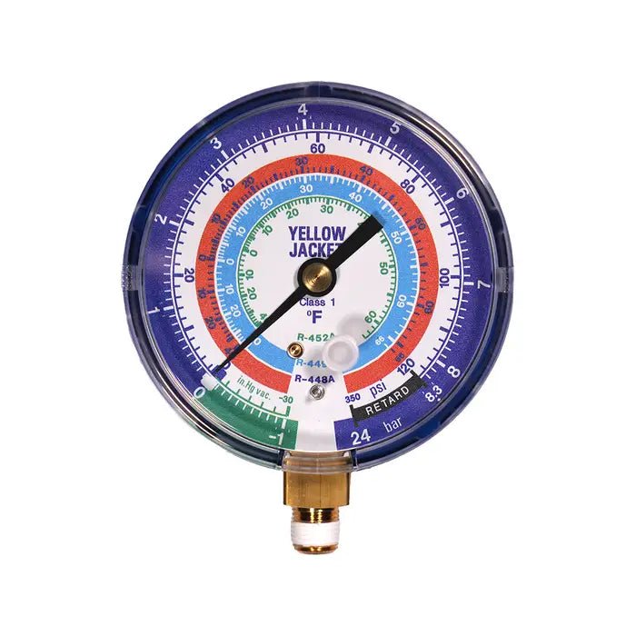 3-1/8" COMPOUND GAUGE, BLUE °F, BAR/PSI, 1/8" NPT MALE CONNECTION, R448A/449A/452A - A&R Supply - Air Conditioning & Refrigeration Wholesaler - YELLOW JACKET