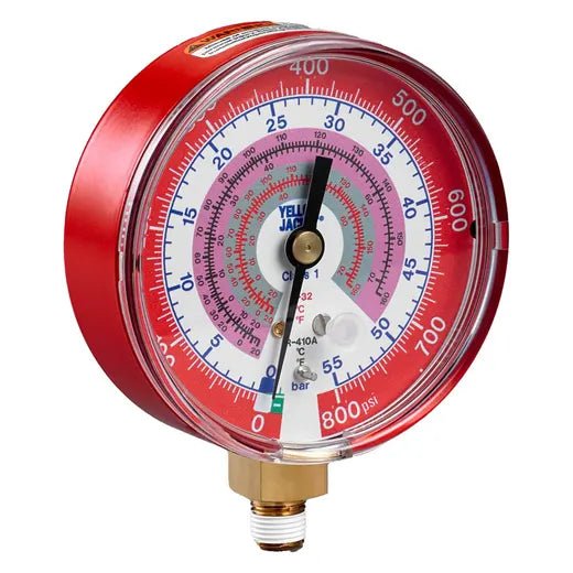 3-1/8" DRY PRESSURE GAUGE, RED °F AND °C, BAR/PSI, 1/8" NPT MALE CONNECTION, R32/410A - A&R Supply - Air Conditioning & Refrigeration Wholesaler - YELLOW JACKET