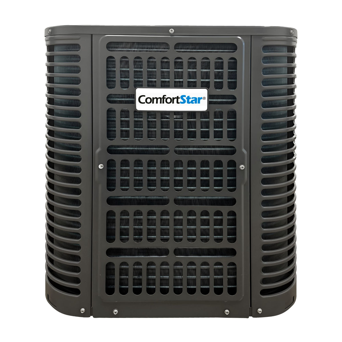 Front view of the ComfortStar 42,000 BTU BAH10 outdoor heat pump condenser with dark gray protective grille.