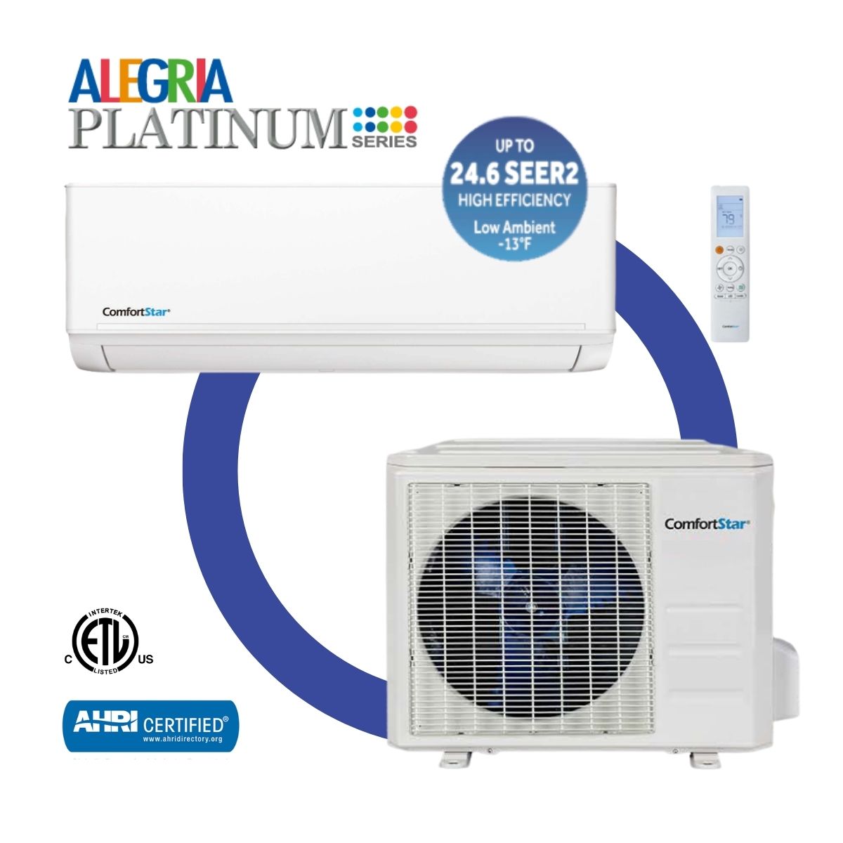 ComfortStar Alegria Platinum CPP3 9,000 BTU 115V R454B wall-mounted heat pump mini-split system with indoor unit, outdoor unit, and remote control.