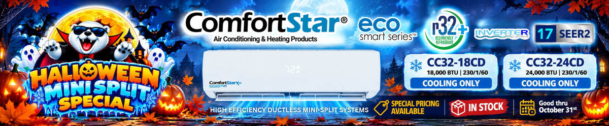 Halloween promotional banner for ComfortStar CC32 cooling-only mini-split systems, featuring 18,000 and 24,000 BTU 230V models, special pricing, and in-stock availability through October 31.