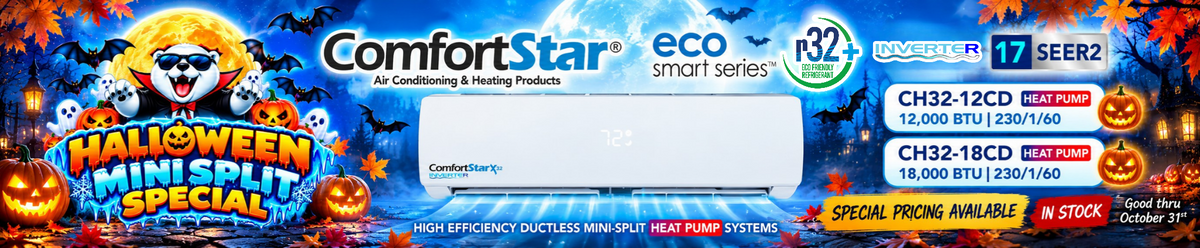 Halloween promotional banner for ComfortStar CH32 heat pump mini-split systems, featuring 12,000 and 18,000 BTU 230V models, special pricing, and in-stock availability through October 31.