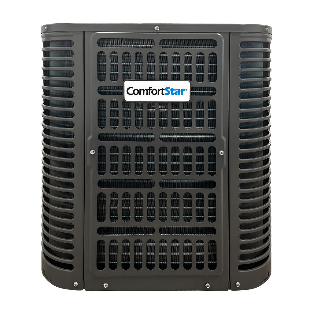 Front view of the ComfortStar 24,000 BTU BAH17 outdoor heat pump condenser with dark gray protective grille.