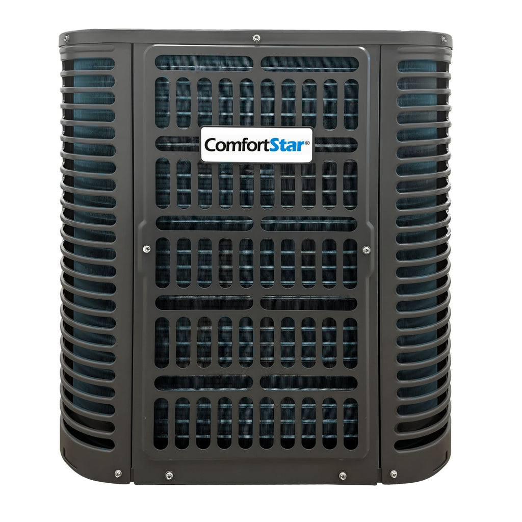 Front view of the ComfortStar 42,000 BTU BAH6 outdoor heat pump condenser with dark gray protective grille.