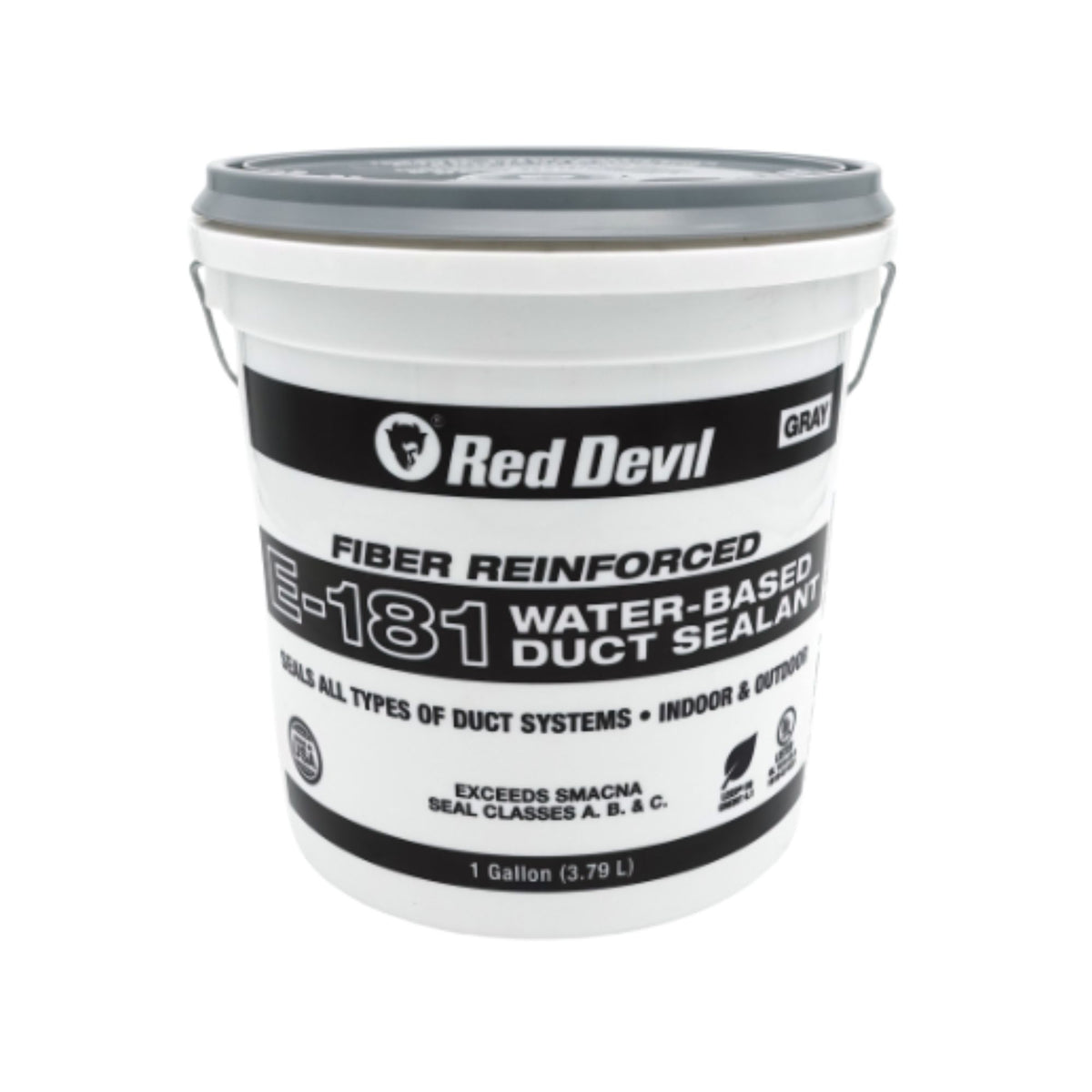 Gray 2-gallon tub of Red Devil E-181 fiber-reinforced, water-based duct sealant for interior and exterior HVAC ductwork.