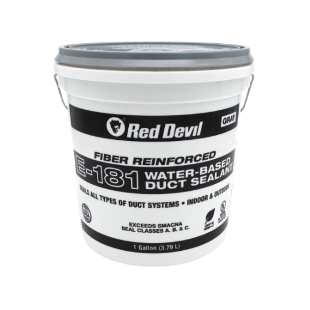 Gray 2-gallon tub of Red Devil E-181 fiber-reinforced, water-based duct sealant for interior and exterior HVAC ductwork.