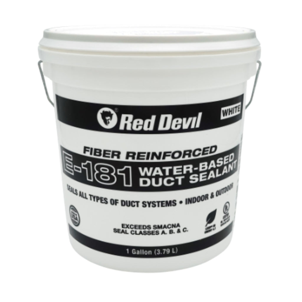 White 1-gallon tub of Red Devil E-181 fiber-reinforced, water-based duct sealant for interior and exterior HVAC ductwork.