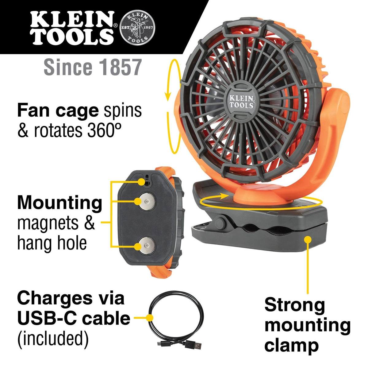 RECHARGEABLE PERSONAL JOBSITE FAN - A&R Supply - Air Conditioning & Refrigeration Wholesaler - KLEIN TOOLS