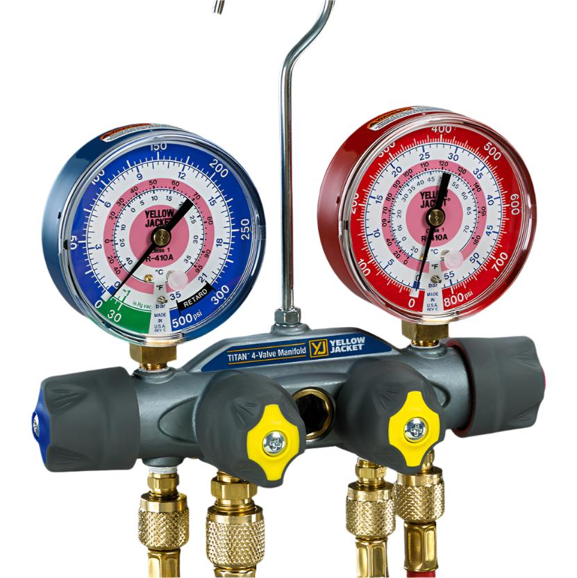 TITAN® A2L 4-VALVE MANIFOLD WITH PLUS II™ 1/4″ BALL VALVE HOSES & 3/8″ VACUUM/CHARGING HOSE, R-32/454B/410A - A&R Supply - Air Conditioning & Refrigeration Wholesaler - YELLOW JACKET