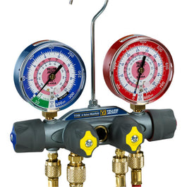 TITAN® A2L 4-VALVE MANIFOLD WITH PLUS II™ 1/4″ BALL VALVE HOSES & 3/8″ VACUUM/CHARGING HOSE, R-32/454B/410A - A&R Supply - Air Conditioning & Refrigeration Wholesaler - YELLOW JACKET