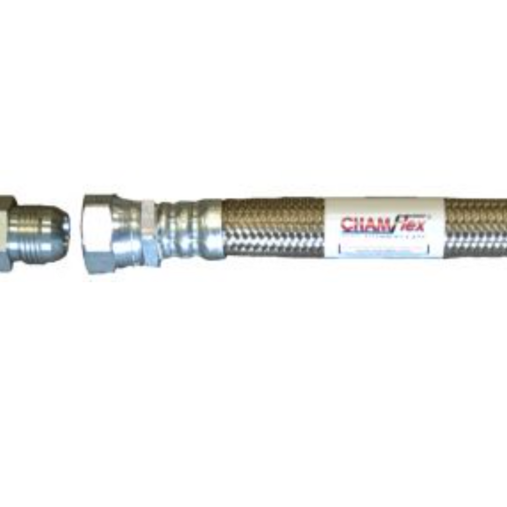 CHAMFLEX SS BRAIDED FIRE RETARDANT HOSE ASSEMBLY - FIXED END X SWIVEL END WITH MALE NPT ADAPTER
