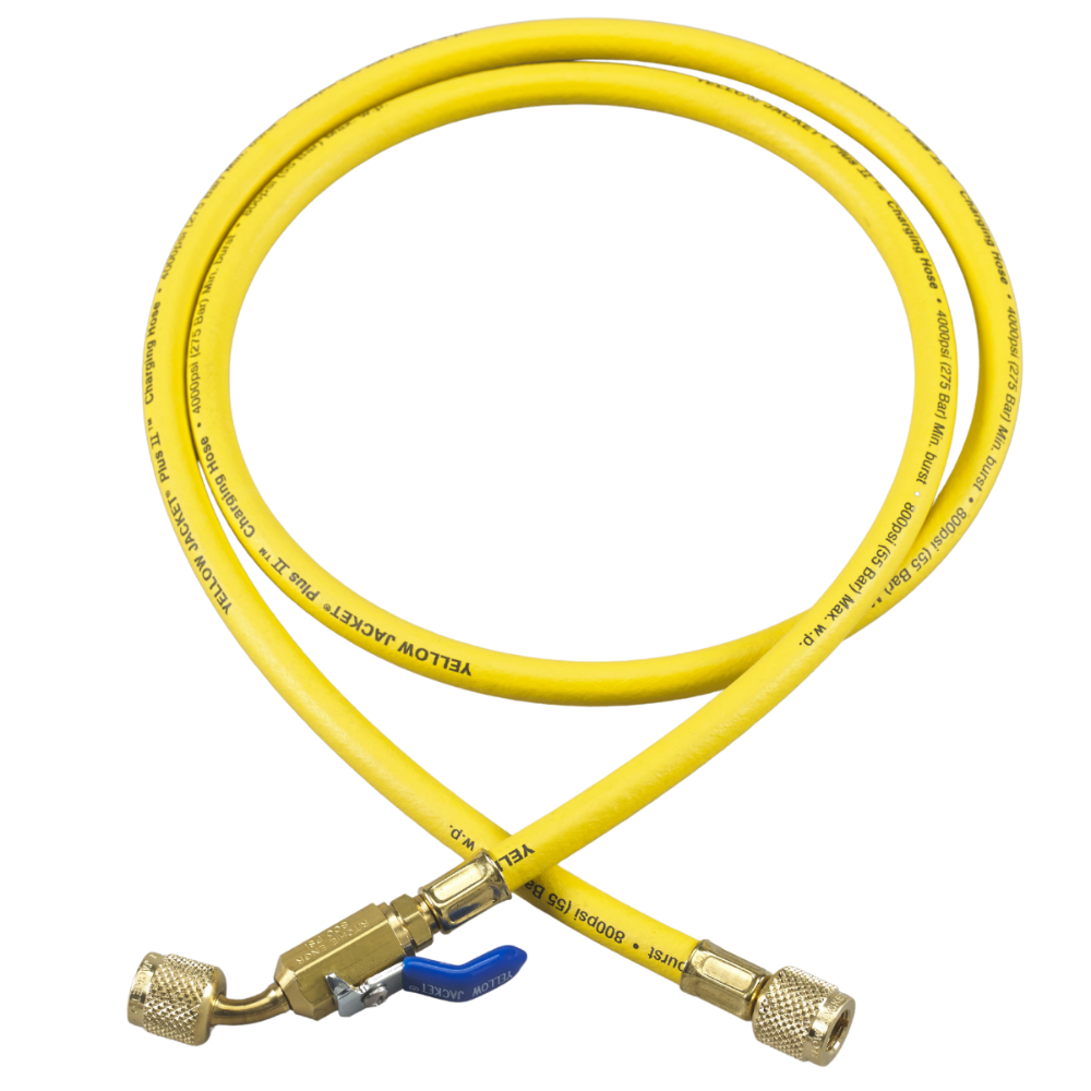 CHARGING HOSE WITH COMPACT BALL VALVE END - LOW LOSS: 1/4 IN FEMALE CONNECTION SIZE, 0° ANGLE - YELLOW