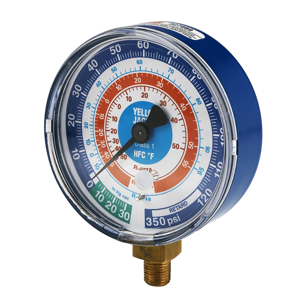 3-1/8" DRY COMPOUND GAUGE - BLUE °F - 30"- 0-120 PSI - 1/8" NPT MALE CONNECTION - A&R Supply - Air Conditioning & Refrigeration Wholesaler - YELLOW JACKET