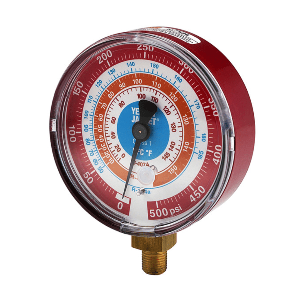 3-1/8" DRY PRESSURE GAUGE - RED °F, 0-500 PSI - 1/8" NPT MALE CONNECTION - A&R Supply - Air Conditioning & Refrigeration Wholesaler - YELLOW JACKET