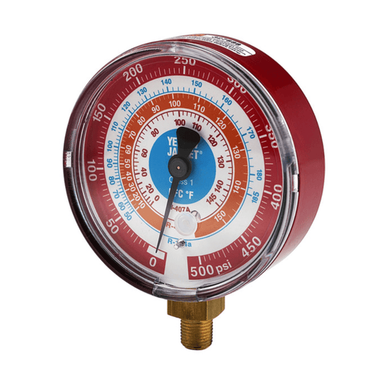 3-1/8" DRY PRESSURE GAUGE - RED °F, 0-500 PSI - 1/8" NPT MALE CONNECTION - A&R Supply - Air Conditioning & Refrigeration Wholesaler - YELLOW JACKET