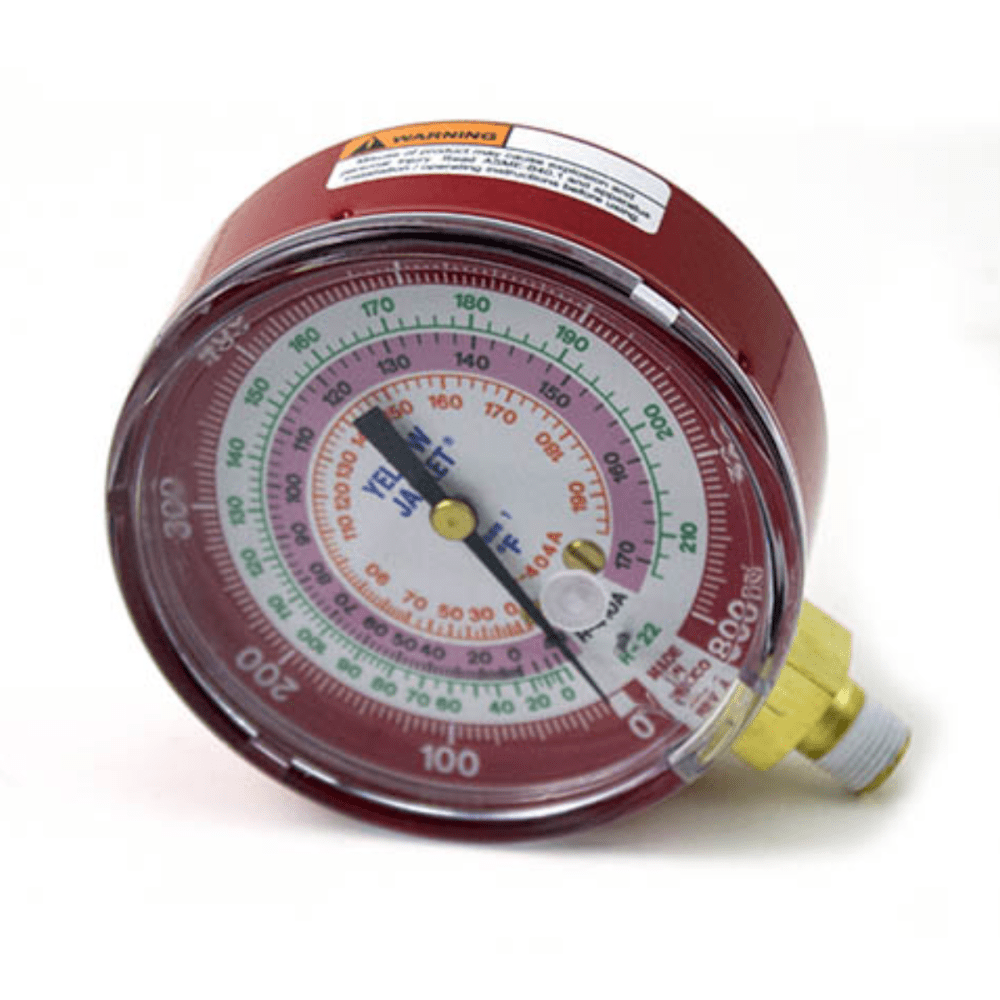 3-1/8" DRY PRESSURE GAUGE - RED °F, 0-800 PSI - 1/8" NPT MALE CONNECTION - A&R Supply - Air Conditioning & Refrigeration Wholesaler - YELLOW JACKET