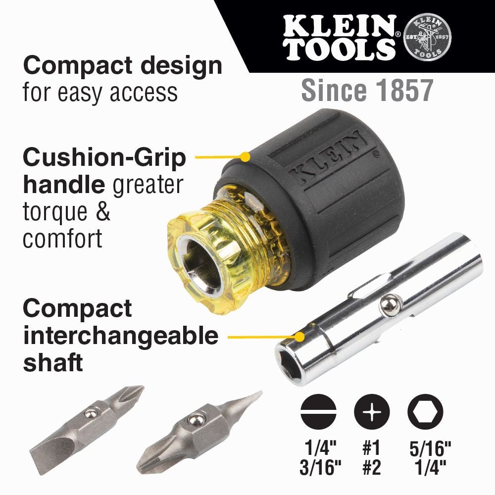 6-IN-1 STUBBY MULTI-BIT SCREWDRIVER/NUT DRIVER - A&R Supply - Air Conditioning & Refrigeration Wholesaler - KLEIN TOOLS
