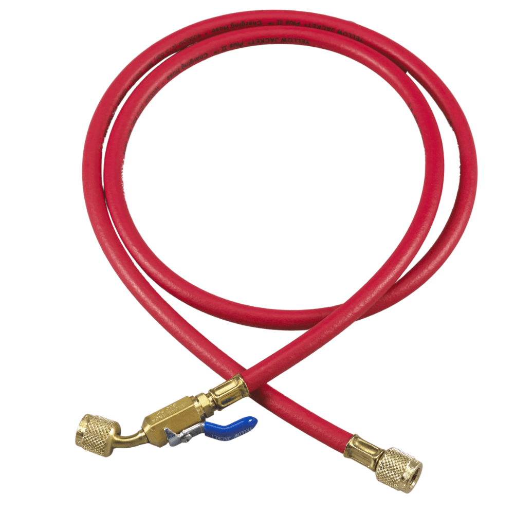 72" CHARGING HOSE WITH COMPACT BALL VALVE END - LOW LOSS: 1/4 IN FEMALE CONNECTION SIZE, 0° ANGLE - RED - A&R Supply - Air Conditioning & Refrigeration Wholesaler - YELLOW JACKET