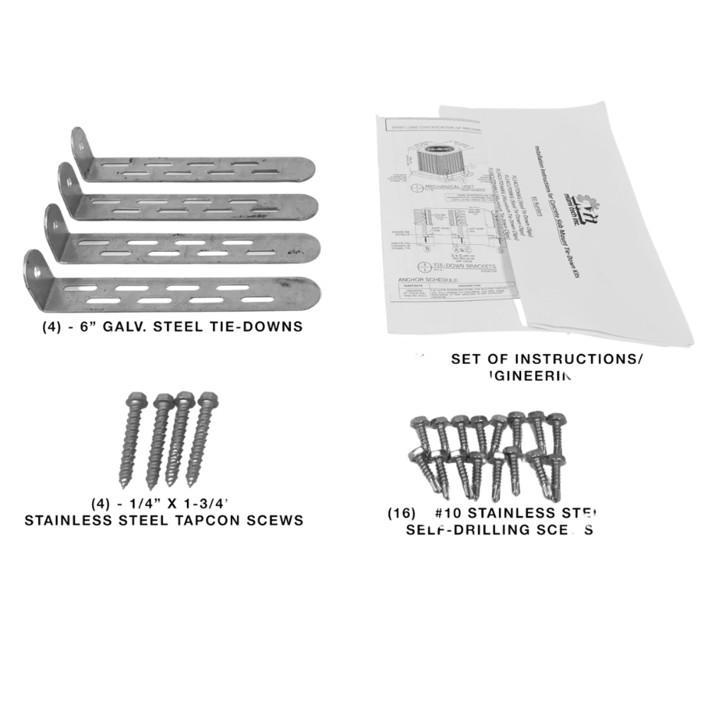 CONDENSING UNIT TIE-DOWN KIT - (4) GALV STEEL CUTD6 (4) TAPCON (16) 10 SCREWS (6" x 1") - A&R Supply - Air Conditioning & Refrigeration Wholesaler - MIAMI TECH