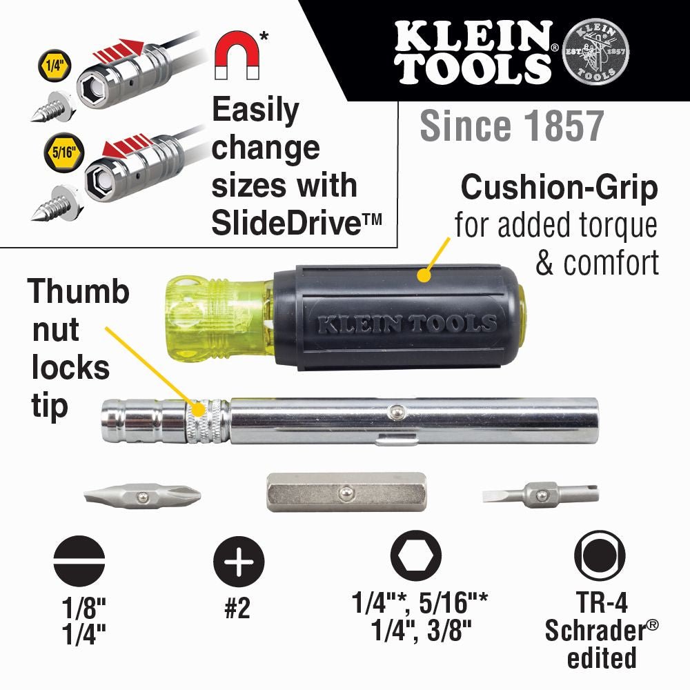 HVAC SLIDE DRIVE™ MULTI-BIT SCREWDRIVER / NUT DRIVER, 8-IN-1 - A&R Supply - Air Conditioning & Refrigeration Wholesaler - KLEIN TOOLS