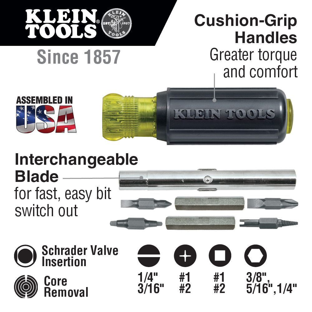 MULTI-BIT SCREWDRIVER / NUT DRIVER, 11-IN-1, PH, SL, SQ, SCHRADER BITS - A&R Supply - Air Conditioning & Refrigeration Wholesaler - KLEIN TOOLS