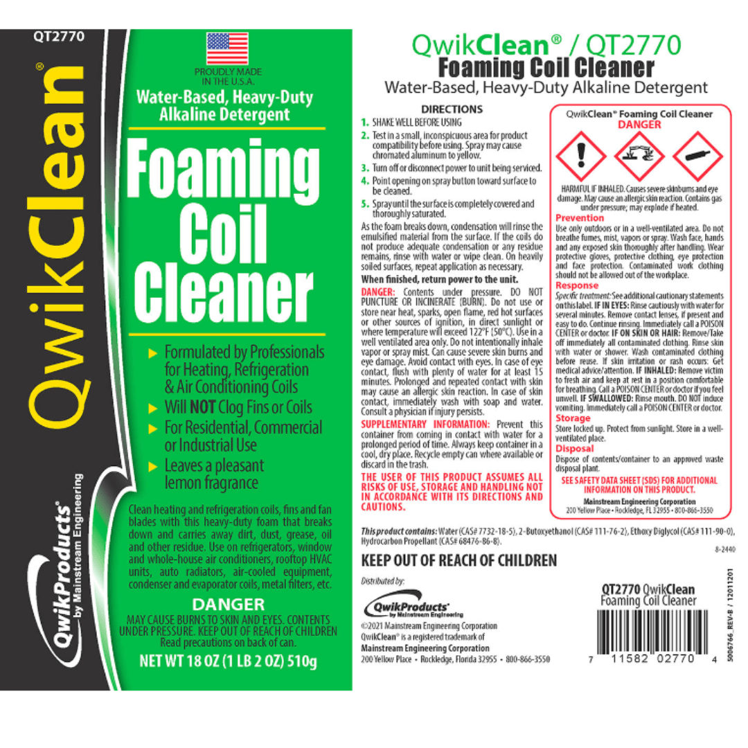 QWIK CLEAN FOAMING COIL CLEANER - 18OZ. CAN - A&R Supply - Air Conditioning & Refrigeration Wholesaler - MAINSTREAM ENGINEERING