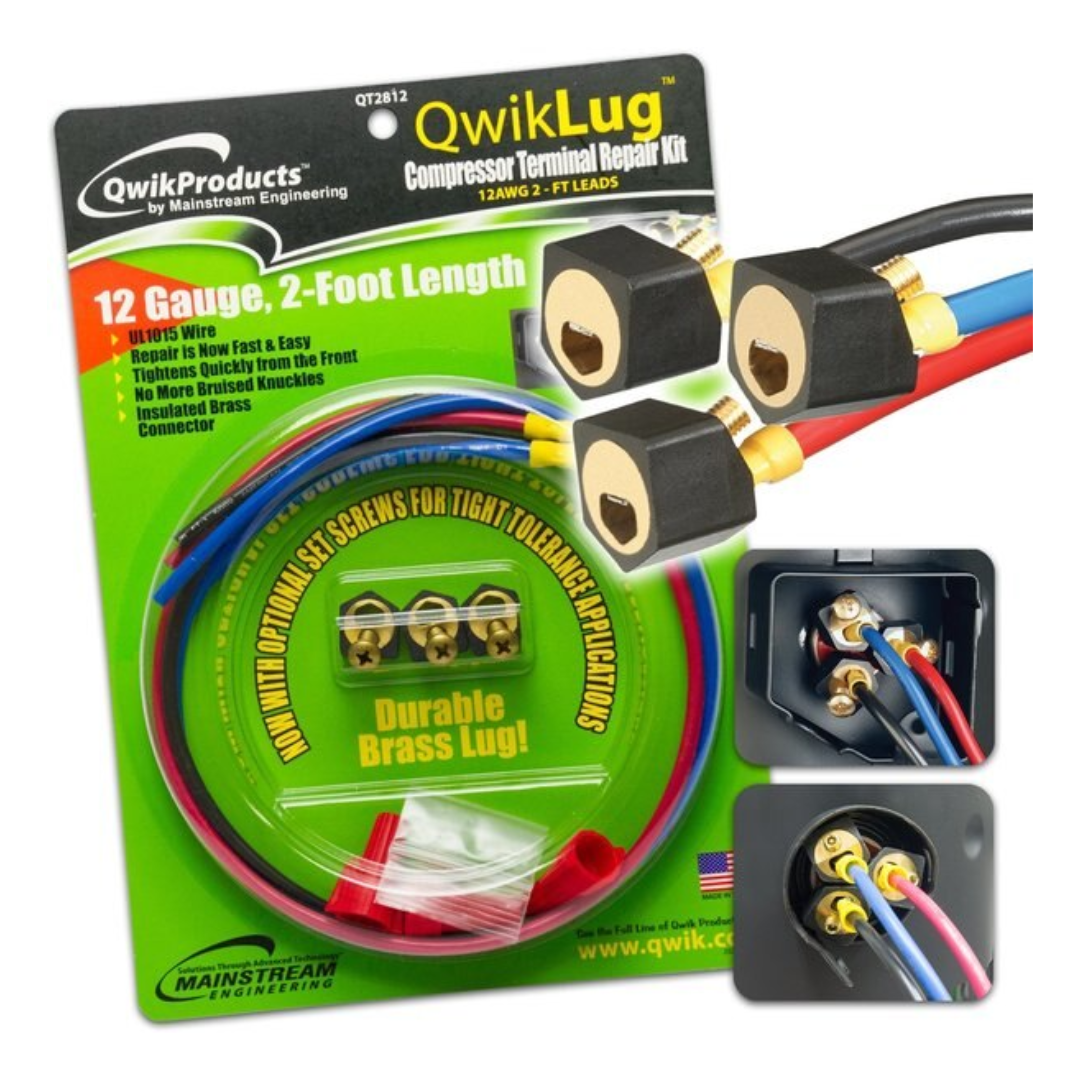 QWIKLUG COMPRESSOR TERMINAL REPAIR KIT - 3 TERMINAL REPAIR LUGS - 12AWG WITH 2' LEADS AND NUT CONNECTION - A&R Supply - Air Conditioning & Refrigeration Wholesaler - MAINSTREAM ENGINEERING