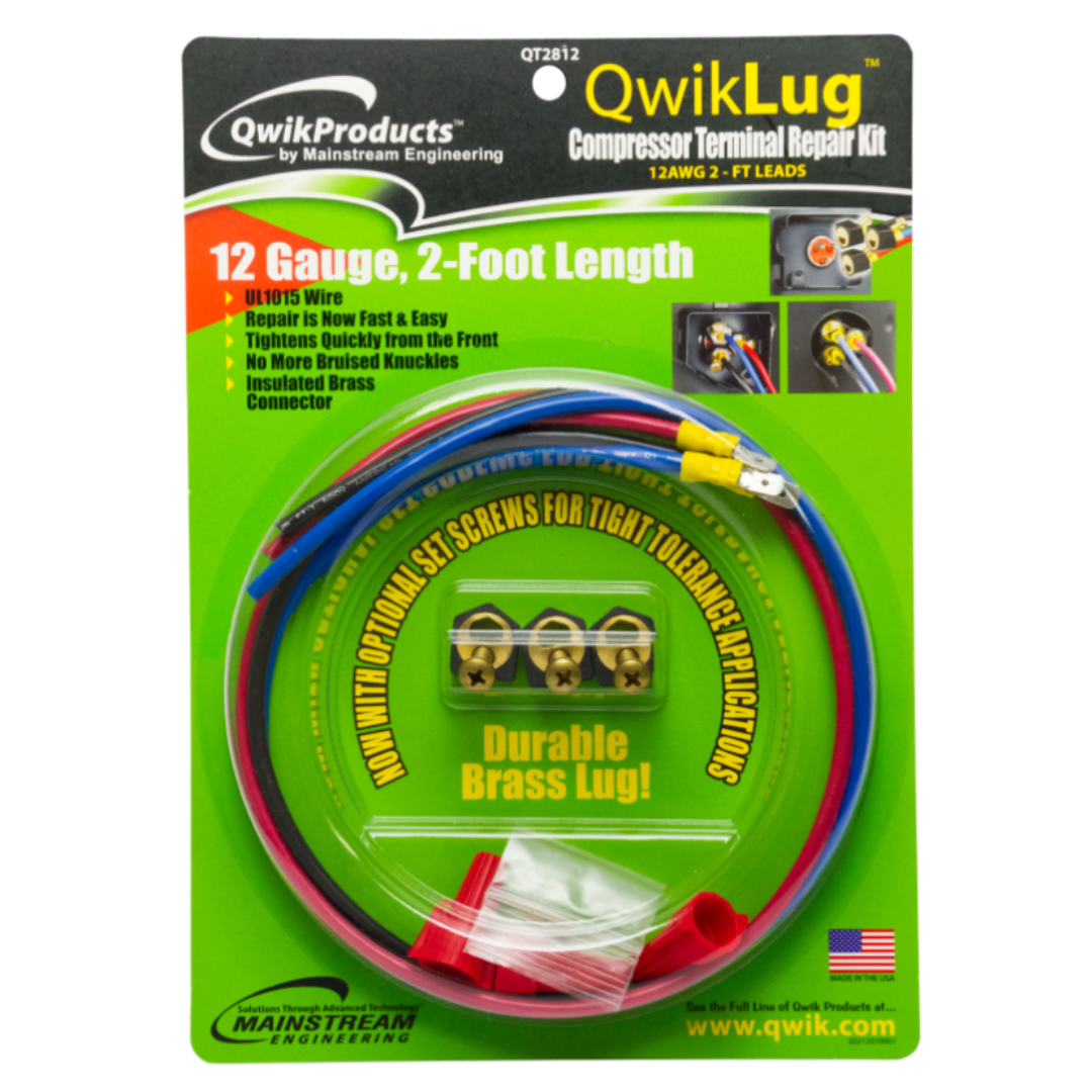 QWIKLUG COMPRESSOR TERMINAL REPAIR KIT - 3 TERMINAL REPAIR LUGS - 12AWG WITH 2' LEADS AND NUT CONNECTION - A&R Supply - Air Conditioning & Refrigeration Wholesaler - MAINSTREAM ENGINEERING