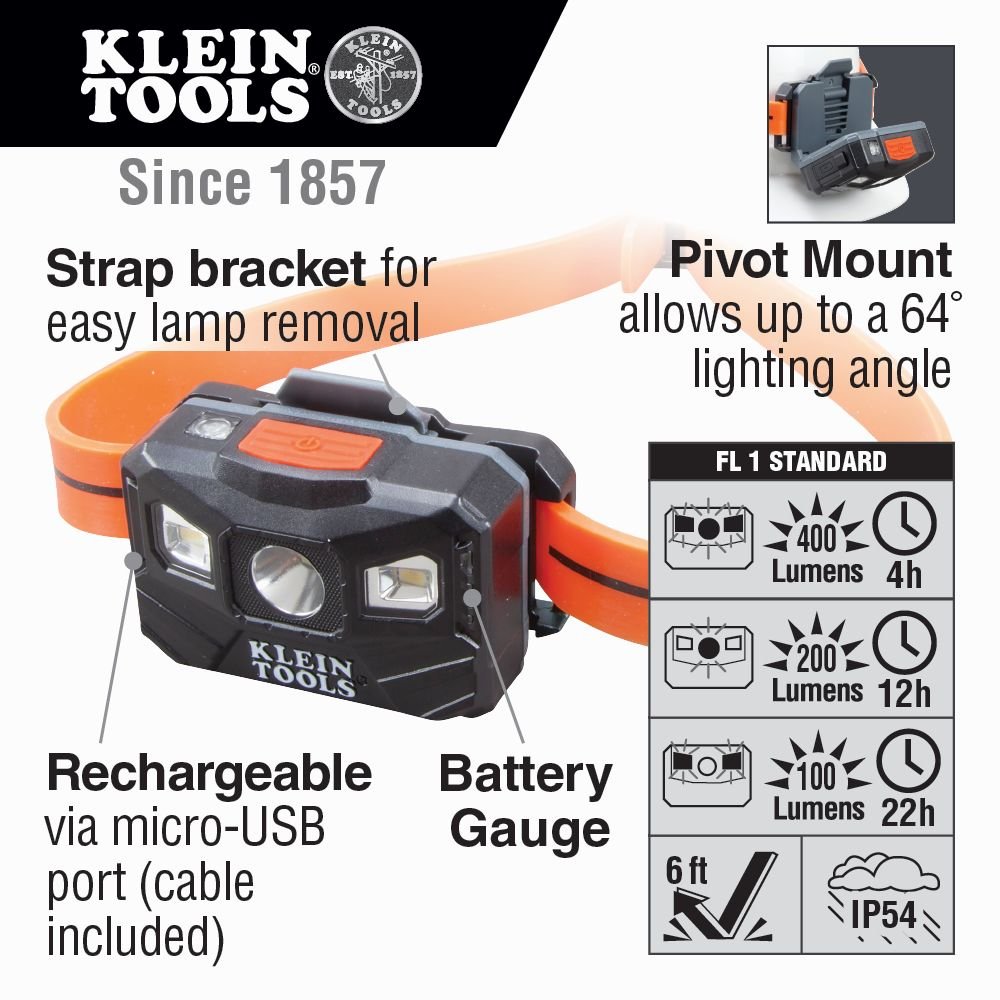 RECHARGEABLE HEADLAMP WITH SILICONE STRAP - 400 LUMENS - ALL-DAY RUNTIME - A&R Supply - Air Conditioning & Refrigeration Wholesaler - KLEIN TOOLS