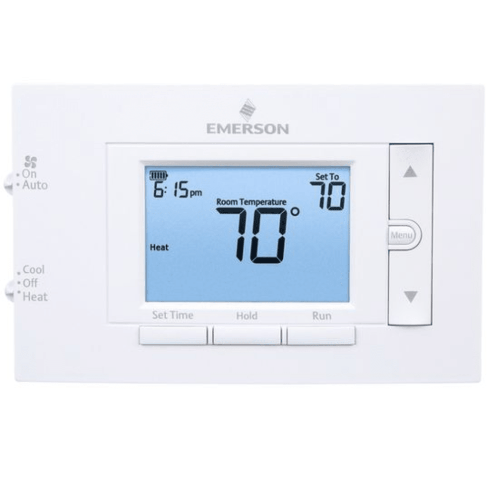 SINGLE STAGE 4.5" DISPLAY CONVENTIONAL 7-DAY PROGRAMMABLE THERMOSTAT 1 HEAT/1 COOL - A&R Supply - Air Conditioning & Refrigeration Wholesaler - EMERSON