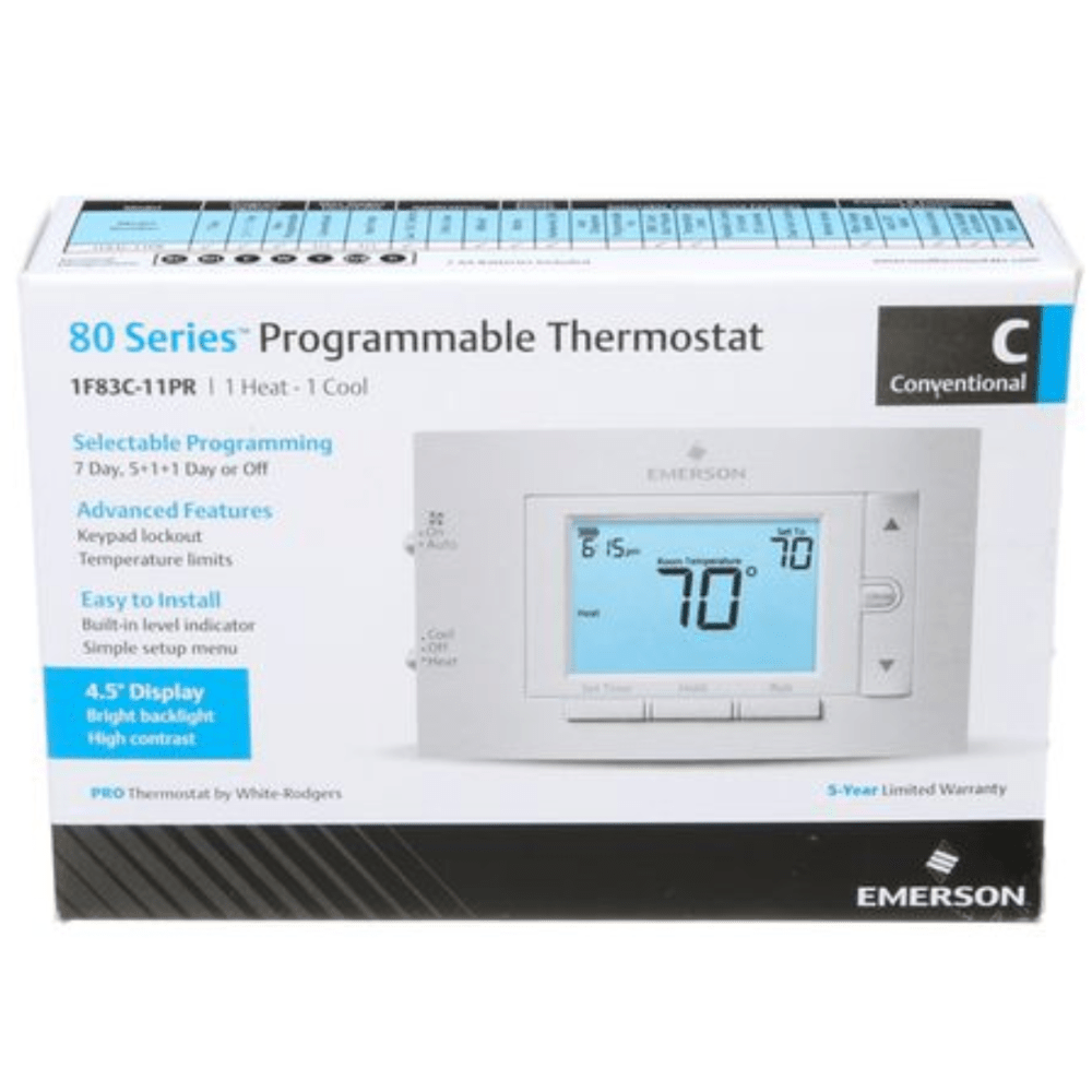 SINGLE STAGE 4.5" DISPLAY CONVENTIONAL 7-DAY PROGRAMMABLE THERMOSTAT 1 HEAT/1 COOL - A&R Supply - Air Conditioning & Refrigeration Wholesaler - EMERSON