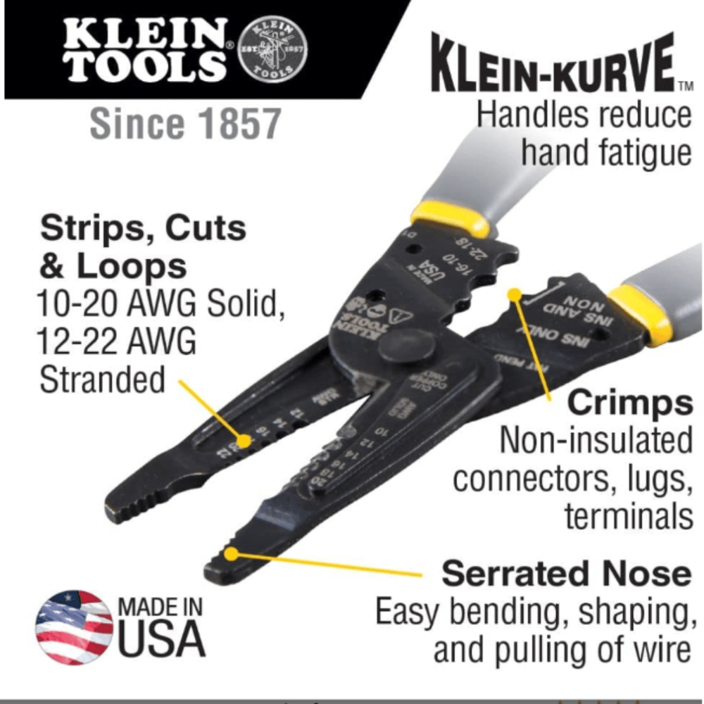 WIRE STRIPPER, CRIMPING TOOL, WIRE CUTTER, LONG-NOSE MULTI-PURPOSE ELECTRICIAN TOOL - A&R Supply - Air Conditioning & Refrigeration Wholesaler - KLEIN TOOLS